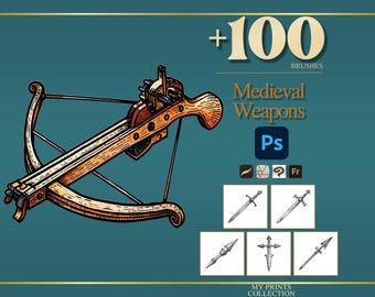 Weapons Medieval Photoshop Brushes & Procreate Stamps – 100+ Woodcut Tattoo, Digital Art, Clipart, Line Art, Stencil