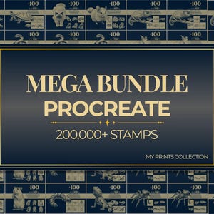 Peut inclure: Publicit&eacute; pour un pack d'art num&eacute;rique. L'image pr&eacute;sente un fond bleu fonc&eacute; avec un rectangle encadr&eacute; d'or contenant le texte "MEGA BUNDLE PROCREATE 200,000+ STAMPS". Le fond est orn&eacute; d'illustrations d'animaux et du chiffre "100".