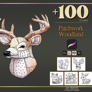 Könnte beinhalten: Illustration eines Hirschkopfes mit Geweih, mit einem Patchwork-Design in Beige, Hellbeige und Weiß. Das Bild enthält den Text "+100 STAMPS" und "Patchwork Woodland."