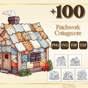 Könnte beinhalten: Bunte Illustration eines Patchwork-Cottage mit Schornstein und Tür. Das Dach und die Wände bestehen aus verschiedenen gemusterten Stoffquadraten. Das Bild enthält den Text "+100 Patchwork Cottagecore" und Dateityp-Symbole.