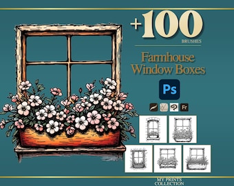 Farmhouse Window Boxes Photoshop Brushes & Procreate Stamps, 100+ Farmhouse Flower Box Stamps, Cottagecore Digital Download