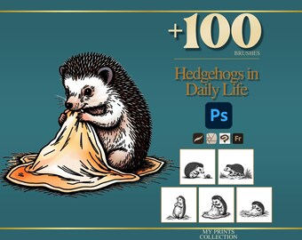 Hedgehogs in Daily Life Photoshop Brushes & Procreate Stamps, 100+ Cozy Daily Life Animal Stamps, Cottagecore Digital Download