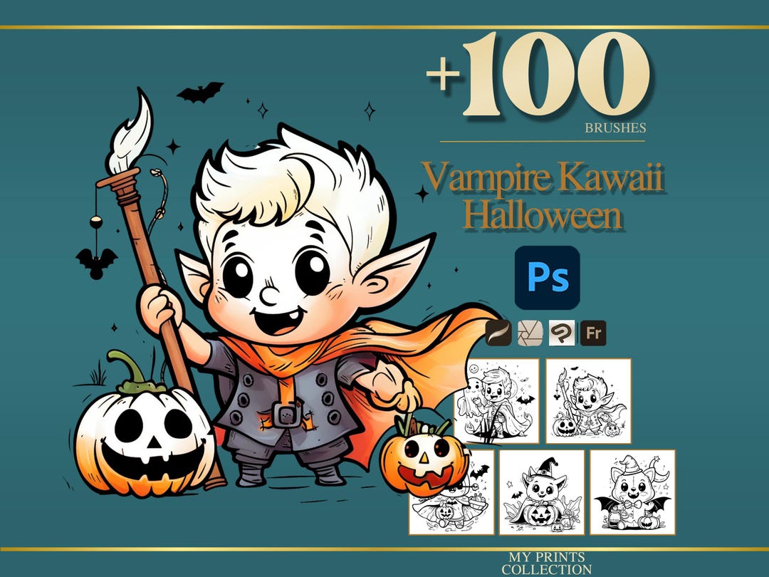 Vampire Kawaii Halloween Photoshop Brushes & Procreate Stamps – 100 ...