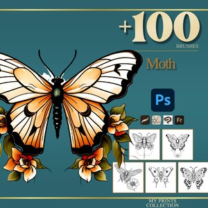 Moth Photoshop Brushes & Procreate Stamps – 100+ Butterfly Realistic Insect Bug Tattoo, Digital Art, Clipart, Line Art, Stencil
