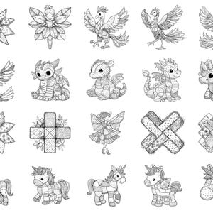 Sellos y pinceles de Photoshop para Procreate con diseños de criaturas fantásticas: más de 100 texturas de patchwork para edredones de moda, tatuajes, arte digital, imágenes prediseñadas, arte lineal y pinceles. imagen 2