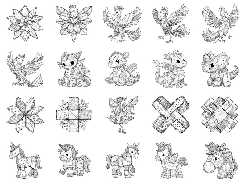 Sellos y pinceles de Photoshop para Procreate con diseños de criaturas fantásticas: más de 100 texturas de patchwork para edredones de moda, tatuajes, arte digital, imágenes prediseñadas, arte lineal y pinceles. imagen 2