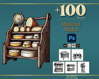 Market Medieval Photoshop Brushes & Procreate Stamps – 100+ Woodcut Tattoo, Digital Art, Clipart, Line Art, Stencil