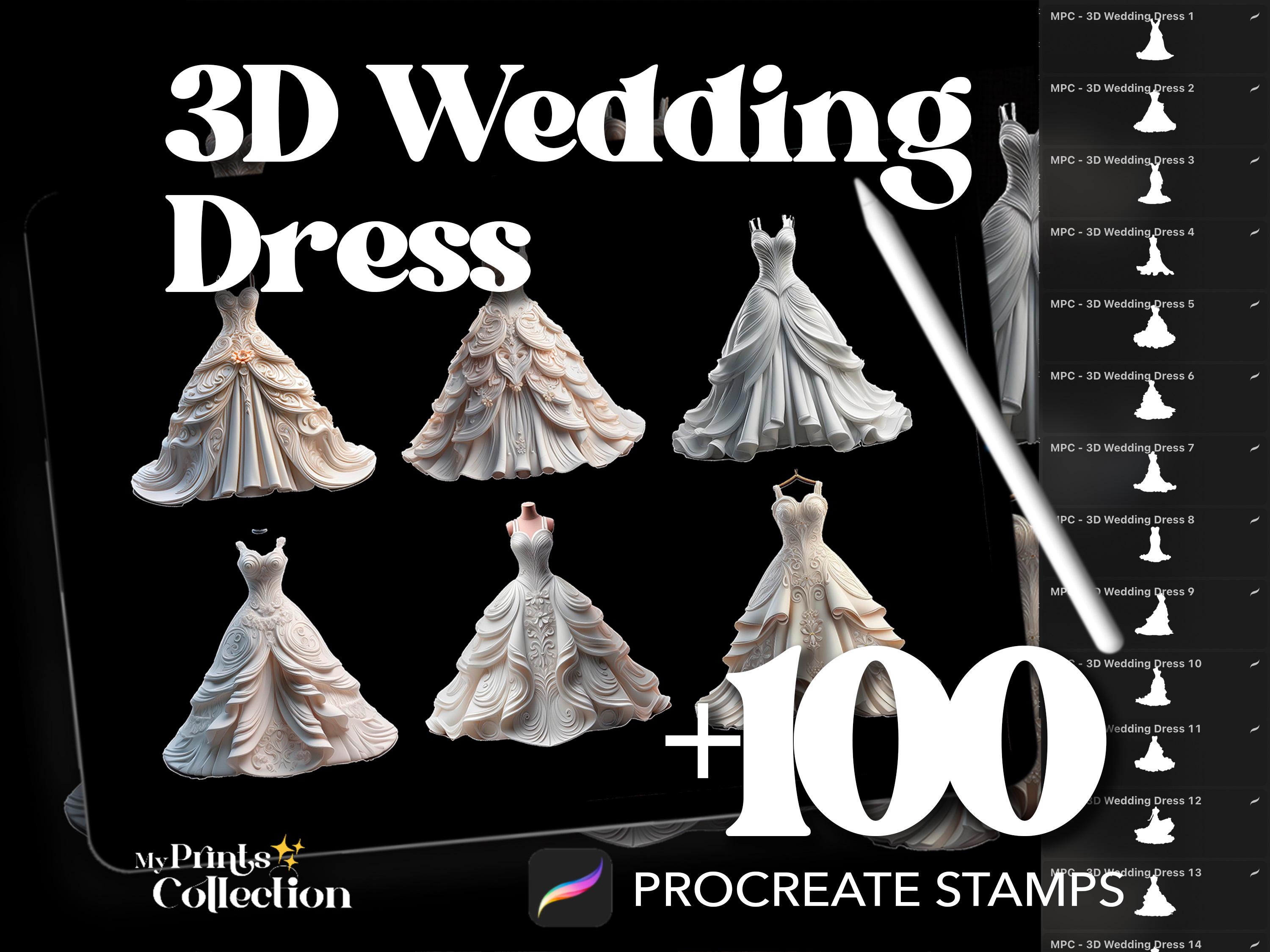 3D Wedding Dress Dual Color Procreate Stamp Brushes - 100+ Stamps ...