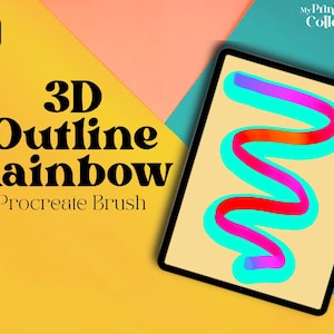 May include: A digital illustration of a rainbow-colored 3D outline brush stroke on a tablet screen. The text "3D Outline Rainbow Procreate Brush" is displayed on a yellow background.