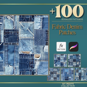 May include: A collage of denim patches in various shades of blue, arranged in a grid pattern. The image includes the text "+100 SEAMLESS PATTERNS Fabric Denim Patches" and icons for pattern design software. Additional sample patterns are displayed below.