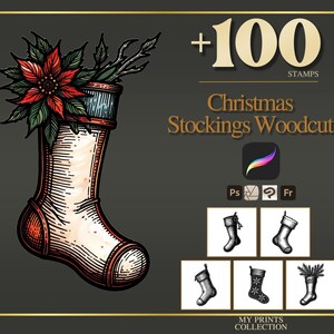 May include: A Christmas stocking woodcut illustration filled with a red poinsettia flower, green leaves, and twigs. The image includes the text "+100 STAMPS" and "Christmas Stockings Woodcut".