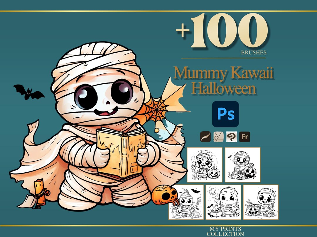 Mummy Kawaii Halloween Photoshop Brushes & Procreate Stamps – 100 ...