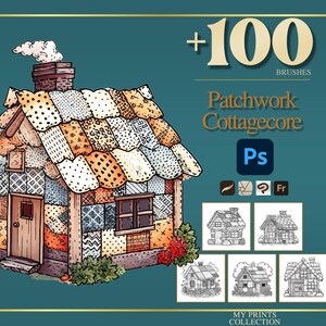 Cottagecore Patchwork Photoshop Brushes & Procreate Stamps – 100+ Fashion Quilt Texture, Tattoo, Digital Art, Clipart, Line Art, Schablone