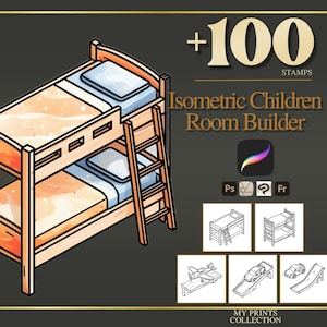 Pode incluir: Ilustração de uma cama de beliche de madeira com roupa de cama e uma escada. A imagem inclui o texto "+100 STAMPS Isometric Children Room Builder" e ícones para Procreate, Photoshop e outros elementos de design.