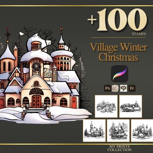 Winter Village Christmas Procreate-stempels en Photoshop-penselen – 100+ tatoeages, tekeningen, digitale kunst, clipart, zeer fijne tekeningen, penseelpakket