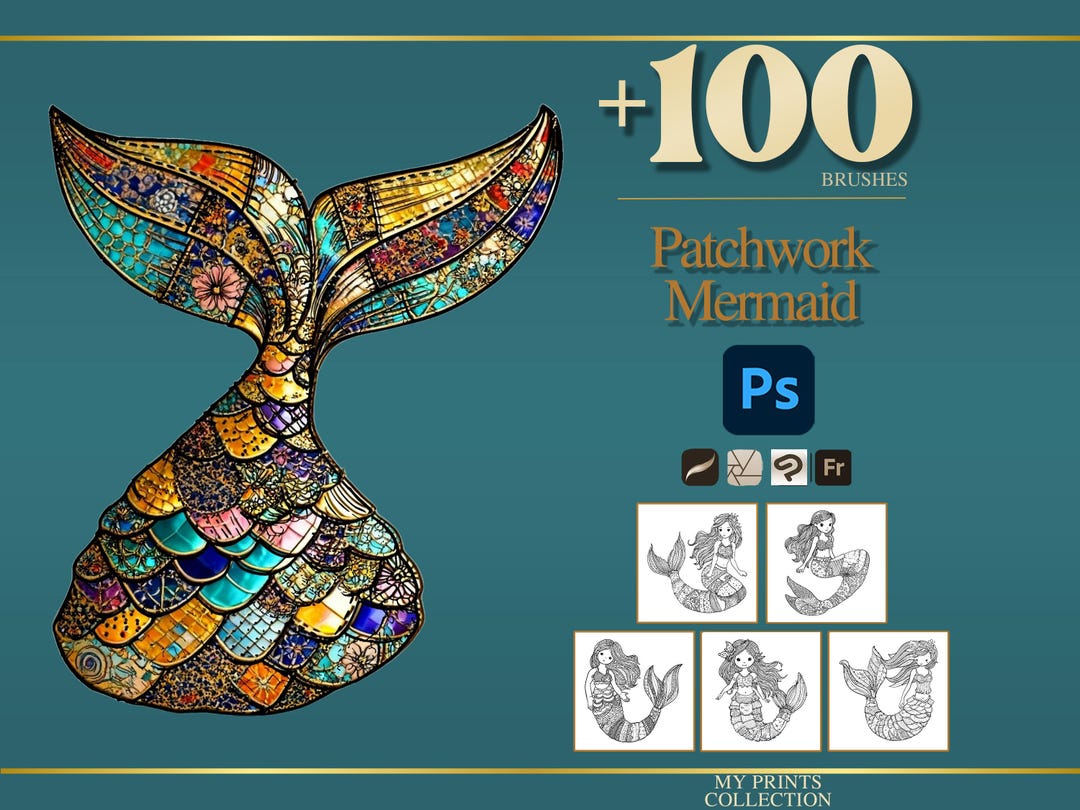 Mermaid Patchwork Photoshop Brushes & Procreate Stamps – 100+ Fashion ...