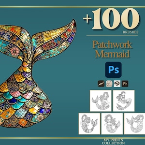 Könnte beinhalten: Ein farbenfrohes digitales Kunstwerk, das eine Meerjungfrauenflosse im Patchwork-Stil zeigt. Die Flosse ist mit verschiedenen Mustern und Farben gestaltet. Der Text "+100 BRUSHES" und "Patchwork Mermaid" ist ebenfalls zu sehen.