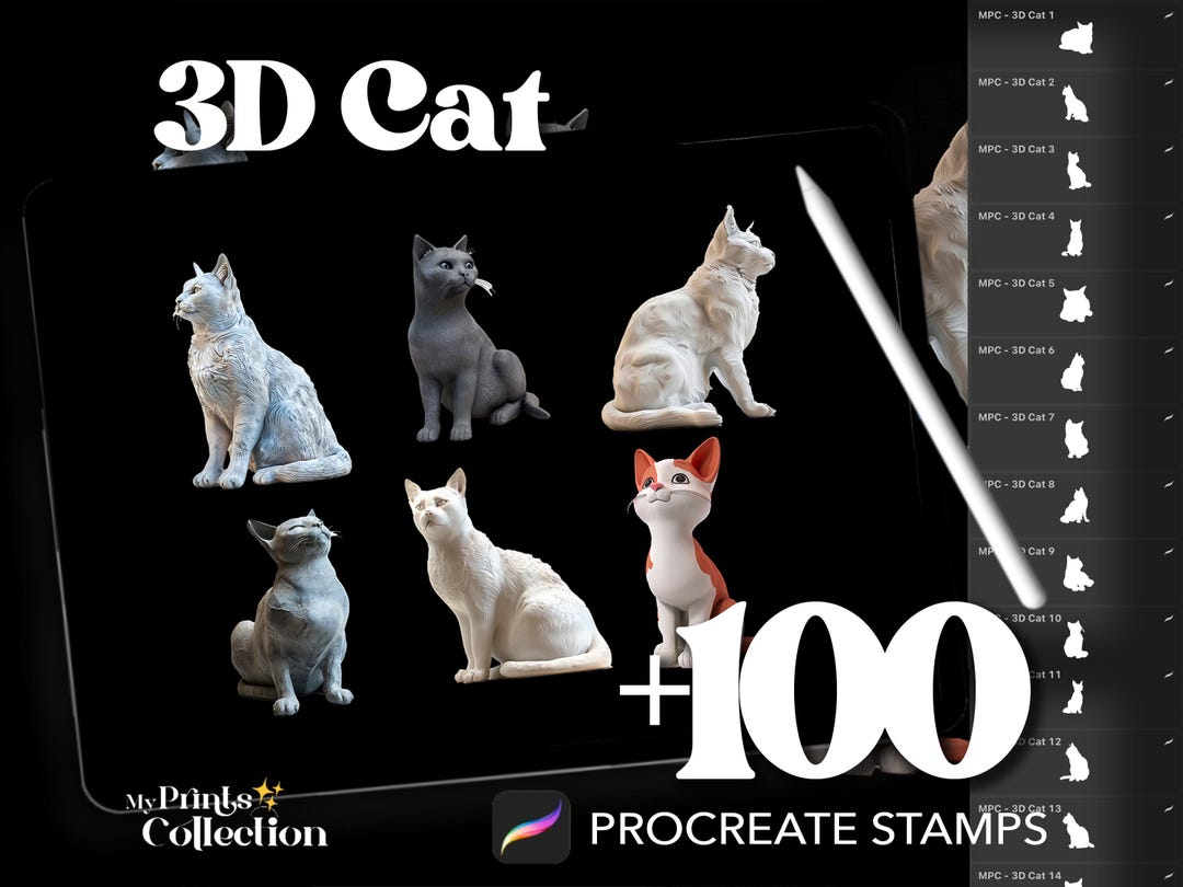 3D Cat Dual Color Procreate Stamp Brushes - 100+ Stamps Brushset for ...