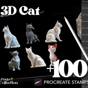 Könnte beinhalten: Eine digitale Illustration einer Sammlung von 3D-Katzen-Stempeln für Procreate. Das Bild zeigt 14 verschiedene Katzenposen in verschiedenen Farben, darunter Weiß, Grau und Orange. Der Text "3D Cat +100 Procreate Stamps" ist auf dem Bild zu sehen.