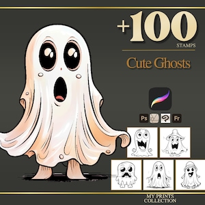 Cute Ghost Halloween Procreate Stamps & Photoshop Brushes – 100+ Tattoo, Drawing, Digital Art, Clipart, Line Art, Brush Pack
