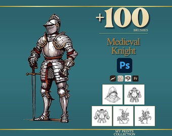 Knight Medieval Photoshop Brushes & Procreate Stamps – 100+ Woodcut Tattoo, Digital Art, Clipart, Line Art, Stencil