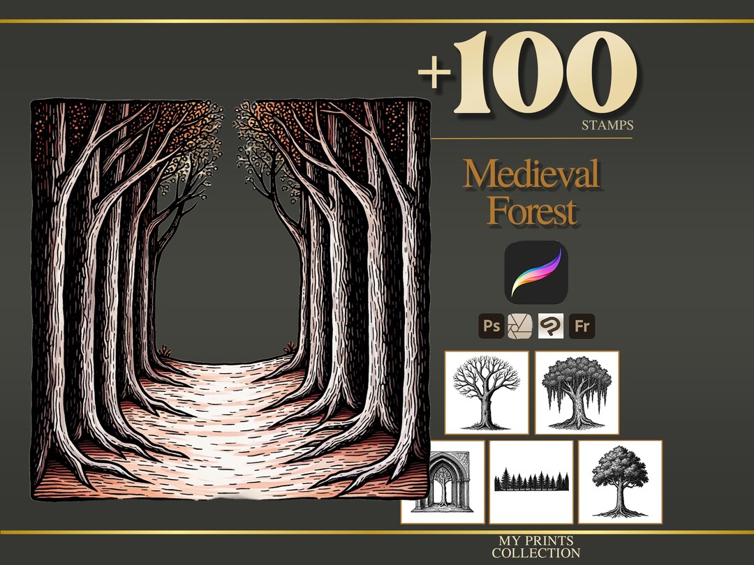 Forest Medieval Procreate Stamps & Photoshop Brushes – 100+ Woodcut ...