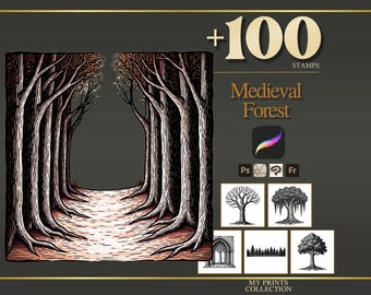 Forest Medieval Procreate Stamps & Photoshop Brushes – 100+ Woodcut Tattoo, Digital Art, Clipart, Line Art, Brush Pack