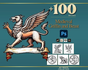 Griffin and Beast Medieval Photoshop Brushes & Procreate Stamps – 100+ Woodcut Tattoo, Digital Art, Clipart, Line Art, Stencil