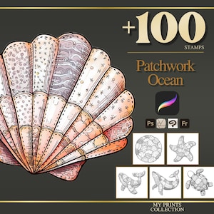 Könnte beinhalten: Digitale Kunstsammlung "Patchwork Ocean" mit einem Muscheldesign mit verschiedenen Mustern. Das Bild enthält den Text "+100 STAMPS" und Beispielillustrationen von Meereslebewesen, für digitale Projekte.