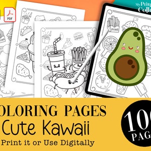 100 Cute Kawaii Food Coloring Book Pages, PDF Printable, Procreate Coloring, Digital Download, Coloring for Adults-Kids, Crayon Brushes