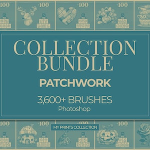 May include: A teal and beige graphic design featuring the text "COLLECTION BUNDLE PATCHWORK 3,600+ BRUSHES Photoshop." The design includes illustrations of various objects like a four-leaf clover, deer head, heart, and teacups.