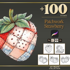May include: A digital illustration of a patchwork strawberry with green leaves and stem. The strawberry is composed of red, pink, and blue fabric patches. Text reads "+100 STAMPS" and "Patchwork Strawberry". Includes icons for Procreate, Photoshop, and a question mark.