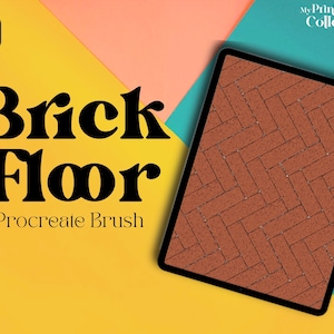 Pode incluir: Uma ilustração digital de um padrão de piso de tijolo na tela de um tablet. O tablet está em um fundo amarelo, rosa e azul. O texto "Brick Floor Procreate Brush" está no fundo amarelo.