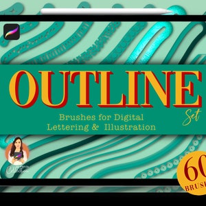 Op de afbeelding: Een digitaal tabletscherm toont een set van 60 outline-penselen voor digitaal letteren en illustreren. Het scherm toont een turquoise achtergrond met een verscheidenheid aan golvende lijnen en de tekst "OUTLINE Set" in gele en rode letters. De tekst "Brushes for Digital Lettering & Illustration" wordt ook in zwarte tekst weergegeven. De rechterbenedenhoek van het scherm toont een cirkel met het nummer 60 en de tekst "BRUSHES" in gele en rode letters.