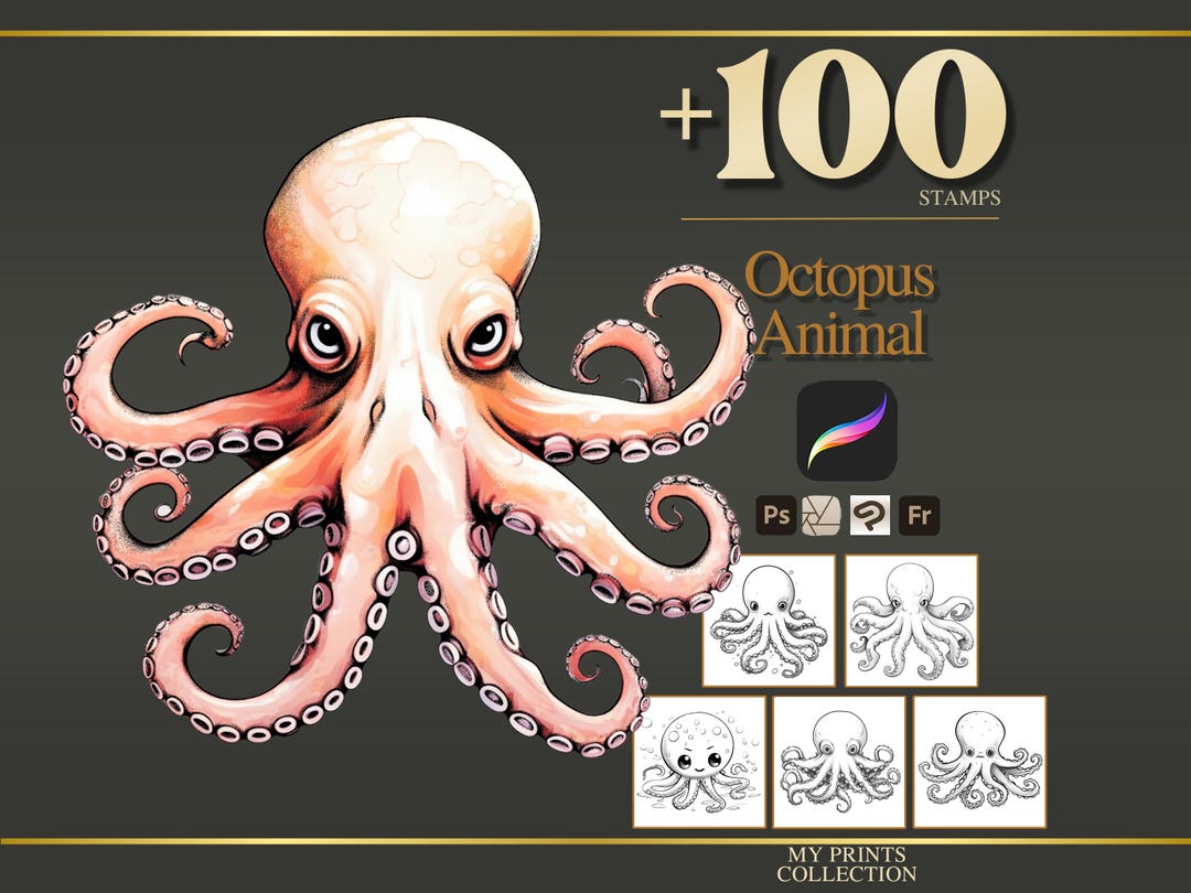 Octopus Procreate Stamps & Photoshop Brushes – 100+ Realistic Animal ...