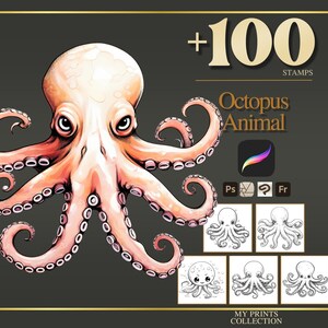 Octopus Procreate Stamps & Photoshop Brushes – 100+ Realistic Animal Pet Tattoo, Illustration, Line Art, Stencil, Brush Pack