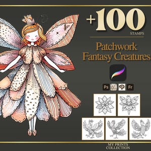 Może przedstawiać: Kapryśna ilustracja wróżki ze skrzydłami i sukienką w stylu patchwork, w odcieniach pomarańczu, różu i błękitu. Obraz zawiera tekst "+100 STAMPS" i "Patchwork Fantasy Creatures". Poniżej znajdują się przykłady stempli.