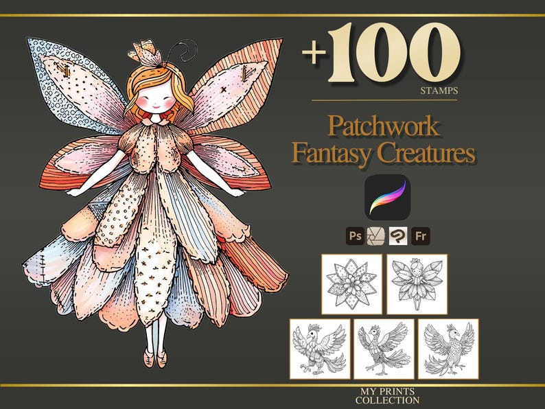 Sellos y pinceles de Photoshop para Procreate con diseños de criaturas fantásticas: más de 100 texturas de patchwork para edredones de moda, tatuajes, arte digital, imágenes prediseñadas, arte lineal y pinceles. imagen 1