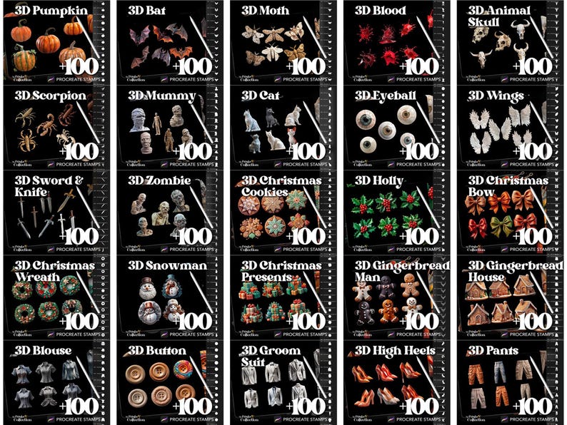 Peut inclure: Une collection de tampons Procreate repr&eacute;sentant divers objets 3D. L'image pr&eacute;sente des tampons de citrouilles, chauves-souris, mites, sang, cr&acirc;nes d'animaux, scorpions, momies, chats, globes oculaires, ailes, &eacute;p&eacute;es, couteaux, zombies, biscuits de No&euml;l, houx, n&oelig;uds, bonhommes en pain d'&eacute;pices, maisons, chemisiers, boutons, costumes, talons hauts et pantalons.