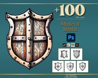 Shields Medieval Photoshop Brushes & Procreate Stamps – 100+ Woodcut Tattoo, Digital Art, Clipart, Line Art, Stencil