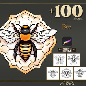 Sellos de abejas para Procreate y pinceles para Photoshop: más de 100 insectos realistas para tatuajes, ilustraciones, dibujos lineales, plantillas y paquete de pinceles.