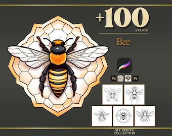 Bee Procreate Stempel & Photoshop-Pinsel - 100+ Tattoo realistisches Insekt, Illustration, Line Art, Schablone, Pinselpaket