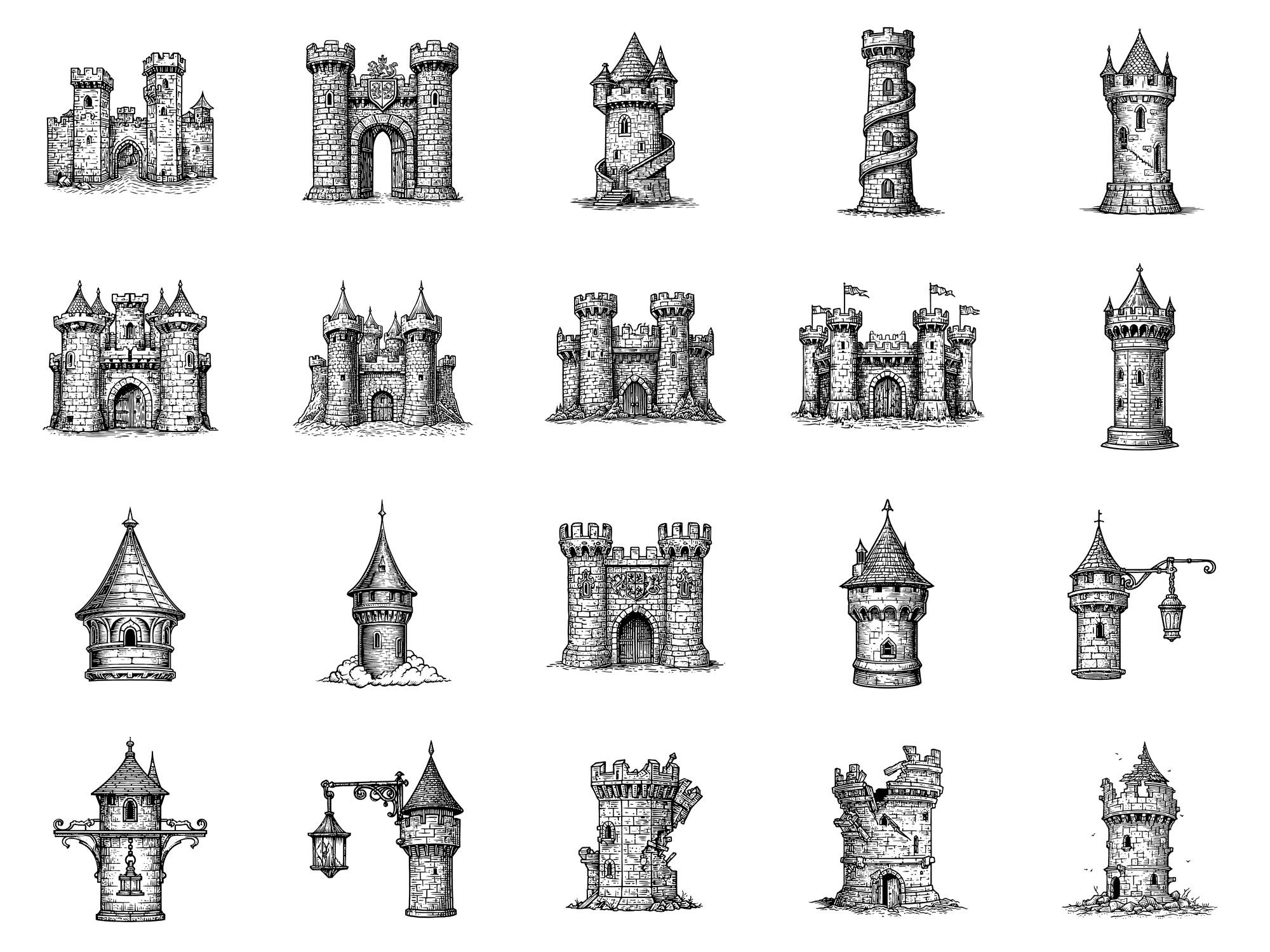 Castle Medieval Photoshop Brushes & Procreate Stamps – 100+ Woodcut ...