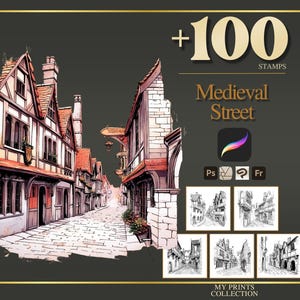 Medieval Street Procreate Stamp & Photoshop Brushes – 100+ Place House Landscape Magical Whimsical Tattoo, Illustration, Stencil, Brush Pack