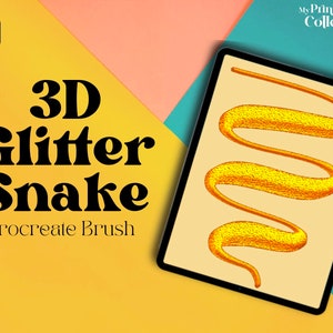 May include: A digital illustration of a golden glitter snake on a tablet screen. The text "3D Glitter Snake Procreate Brush" is displayed on a yellow background.
