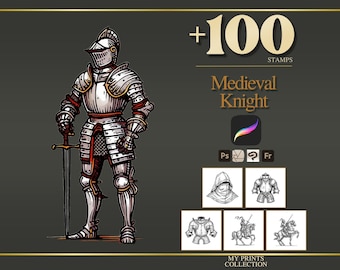 Knight Medieval Procreate Stamps & Photoshop Brushes – 100+ Woodcut Tattoo, Digital Art, Clipart, Line Art, Brush Pack