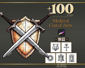 Coat of Arms Medieval Procreate Stamps & Photoshop Brushes – 100+ Woodcut Tattoo, Digital Art, Clipart, Line Art, Brush Pack