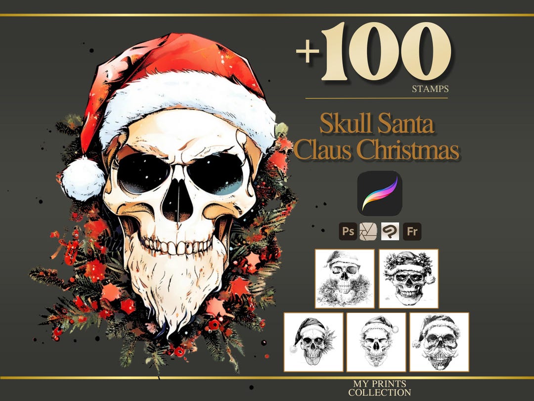 Skull Santa Claus Christmas Procreate Stamps & Photoshop Brushes – 100 ...