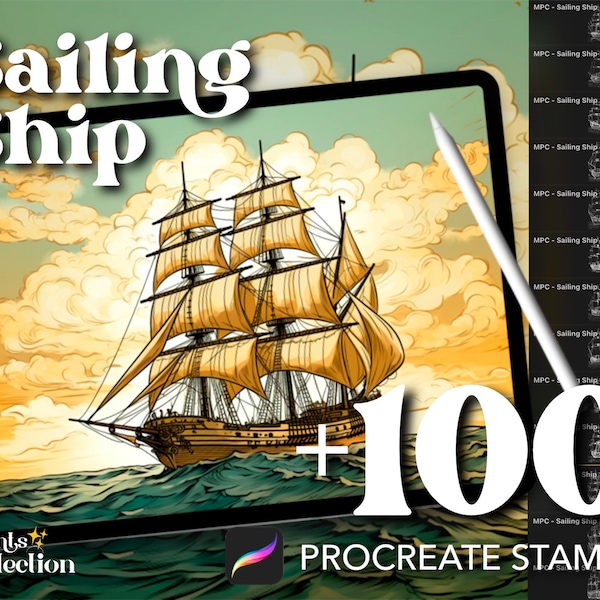 Más de 100 sellos de veleros procreados, ilustración de barcos marítimos náuticos, descarga digital, suministro de arte digital, pincel procreado