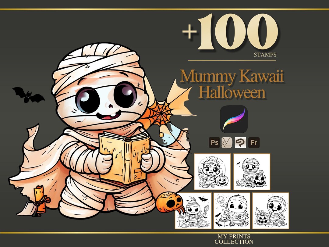 Mummy Kawaii Halloween Procreate Stamps & Photoshop Brushes – 100 ...